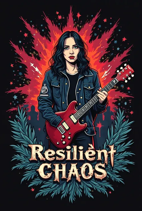 Make an animated or Cartoon logo for Instagram that says the name of our band "Resilient Chaos" ( it must be in Spanish) We are 2 female keyboard players, a male bassist and a female bassist, a male drummer and a red electric guitar with white details and ...