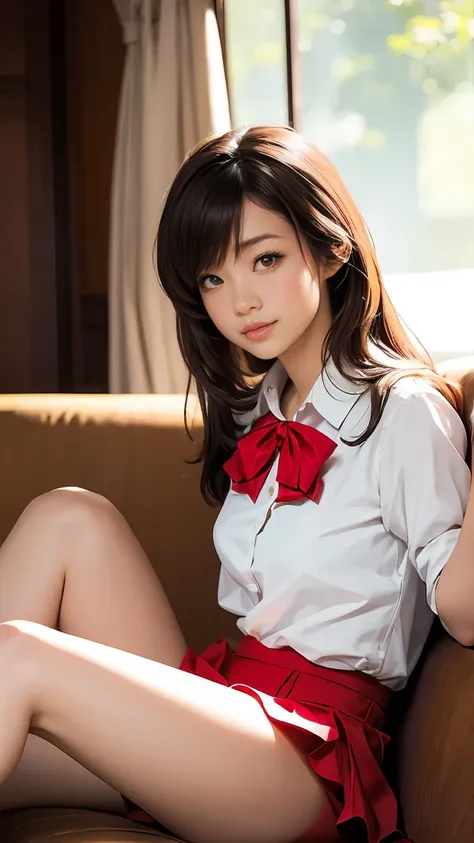 Arabian style asian woman sitting on sofa wearing white shirt and red bow tie,  cute high school girl , hyperrealistic , a hyperrealistic ,  high school girl pose , Thigh Closeup, realistic , wearing  Japanese ,  Japanese girl ,  Japanese ,  Leg Closeups ,...