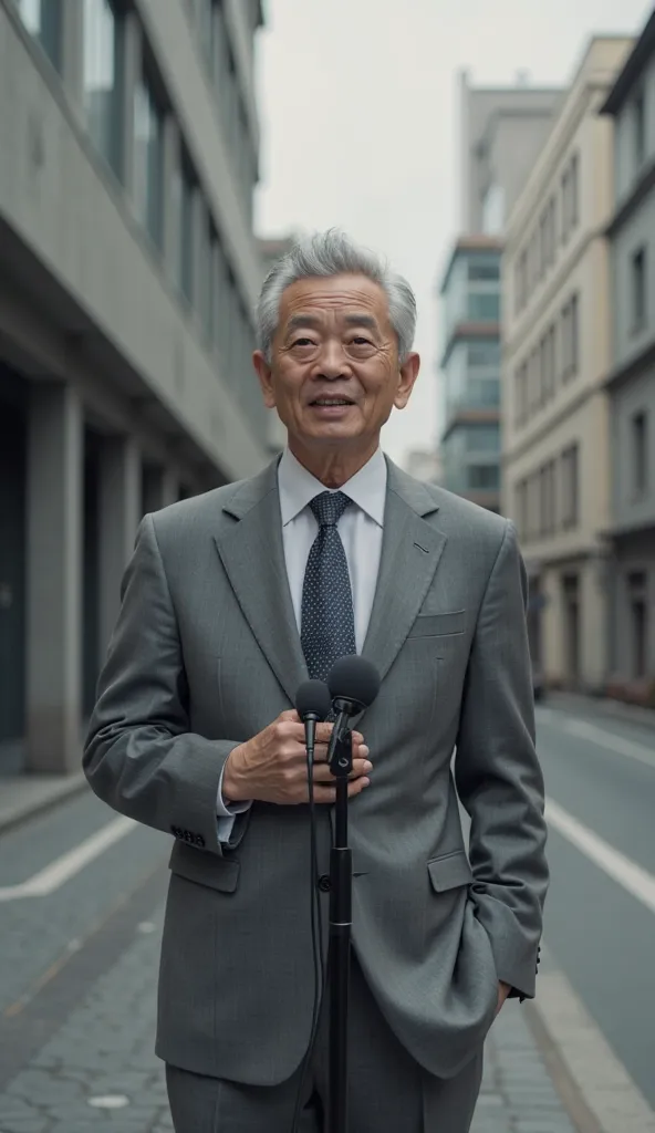 ((masterpiece, highest quality, Highest image quality, High resolution, photorealistic, Raw photo, Extremely detailed CG unified 8k wallpaper)), a male(\Asian, Japanese,age 55, wear gray suits, little hair, has bad smile, talk to the microphone, making a s...