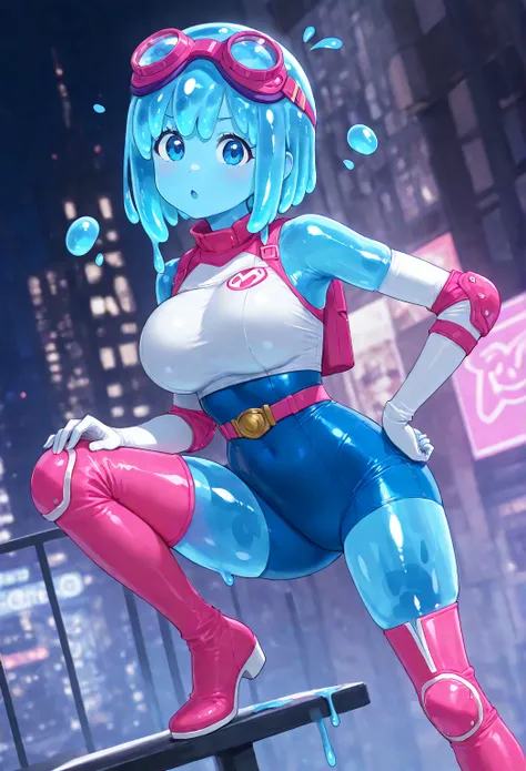 Young blue slime skin Woman with smooth neon blue bob slime hair, with neon blue drippy slime body, with haircut points going down past jaw, in a full skin tight super hero suit with neon blue slime drops on it, with goggles on hair, with white top pattern...