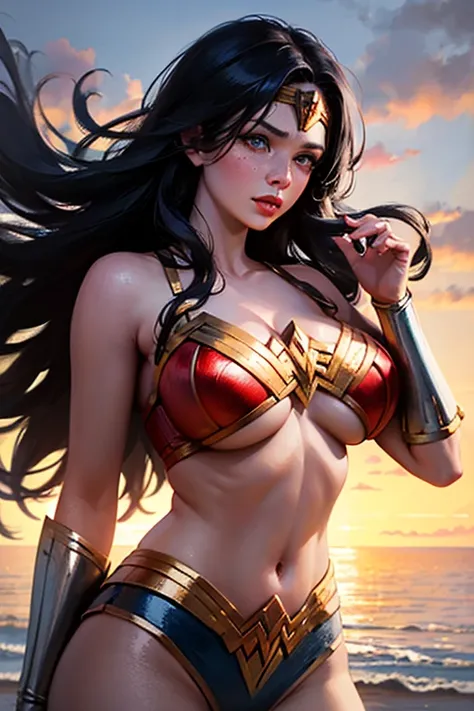 wonder woman from dc, torn superhero suit, wonder woman costume, wonder woman tiara, full lips, thick lips, ultra high details, award winning photo, flashing massive breasts, blushing, black lips, glossy lips, hinata, sexy, model, freckles, hyper realistic...