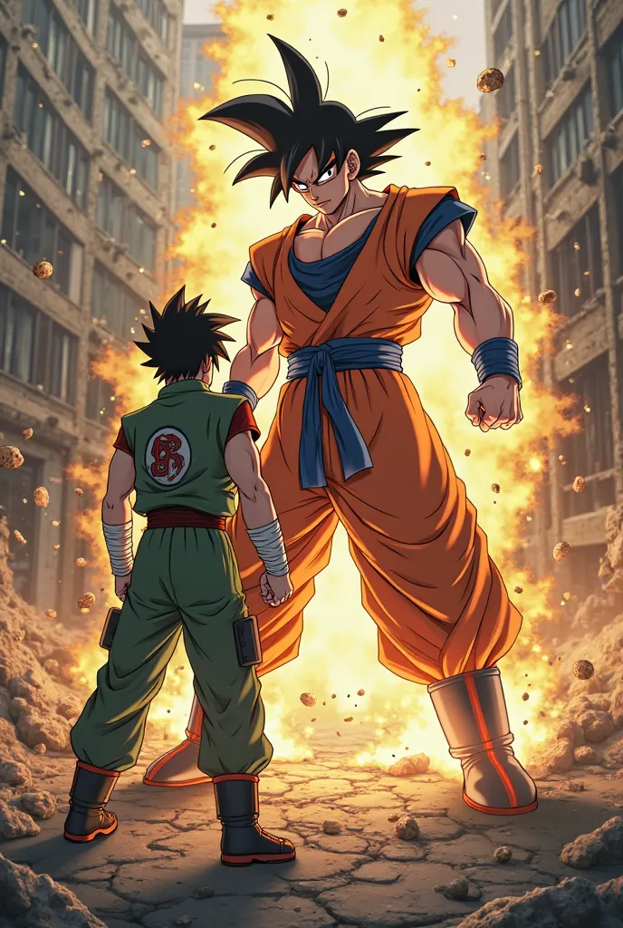 "A realistic and epic fight scene between Rock Lee, From the anime Naruto, and Goku Super Saiyan 4, from the anime Dragon Ball GT. Rock Lee is in his characteristic combat pose, with his green suit, bandages on his arms and determined expression. Goku SSJ4...