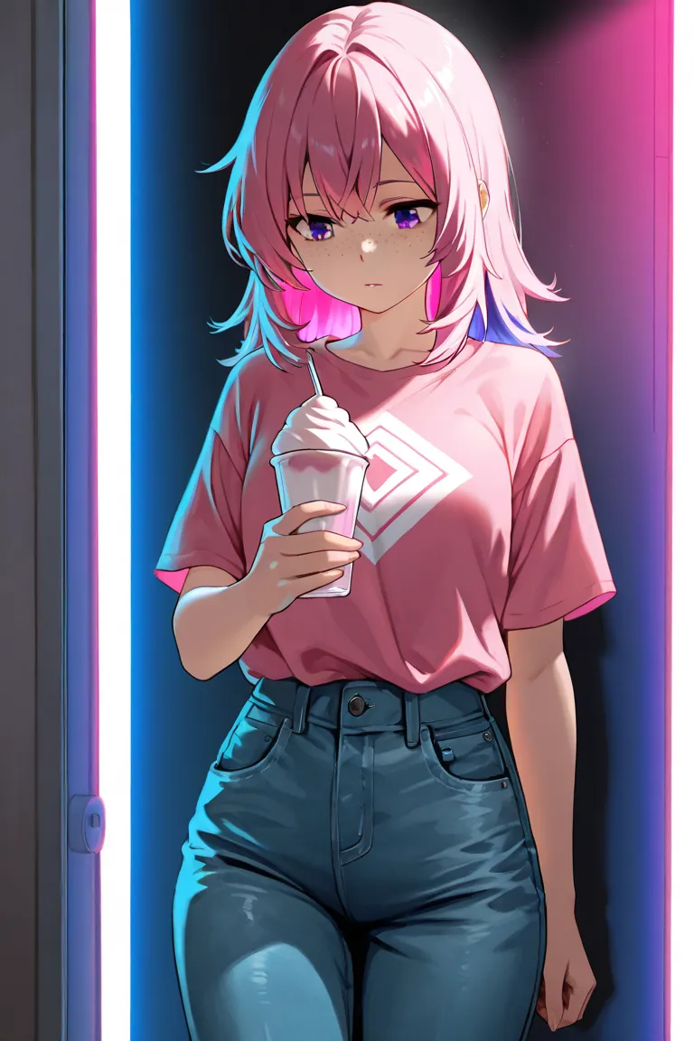 AniPoma 1,(masterpiece,  best illustration, The best manga), Alone, 1 girl, violet eyes, ( shiny skin,  soft hair for cell phones), (Milkshake in hand),  freckles, (Bright pink two-tone hair:1.3), ( wear a Led Zeppelin t-shirt,  denim jeans), ( Extreme lig...