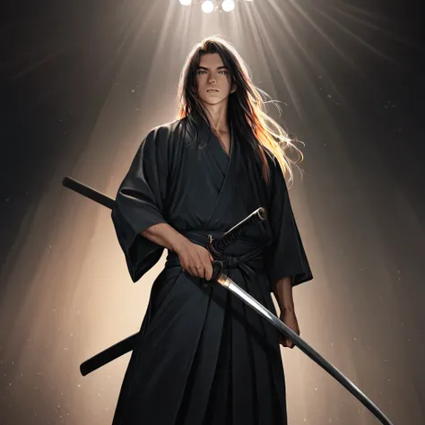 1 boy, solo, long hair, Japanese clothing, black clothing, samurai, wearing hakama, holding weapon, charming illustration portrait, digital art styledigital art, intricate details, 8K, photo-realistic, professional, masterpiece, ultra-detailed, studio ligh...