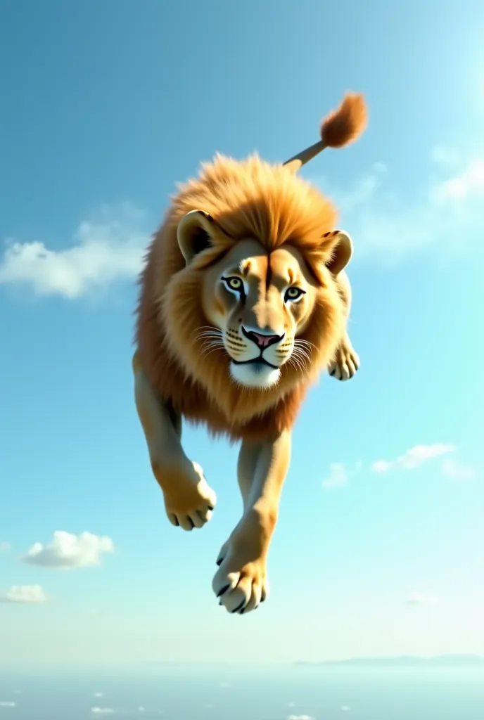 Create a realistic video showing a lion skydiving, with it's mane moving naturally due to the air and the parachute swaying realistically as it glides through the sky