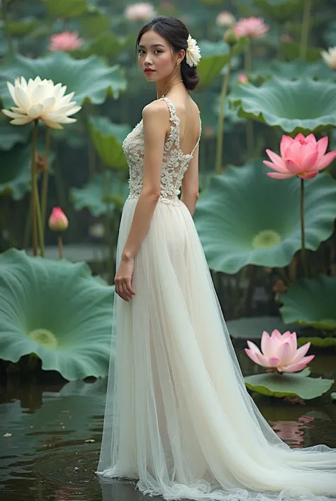 a woman in an elegant, flowing white gown adorned with floral designs. She is standing in a serene environment surrounded by large lotus flowers in various colors, including white and red, along with broad green leaves. The setting resembles a tranquil gar...