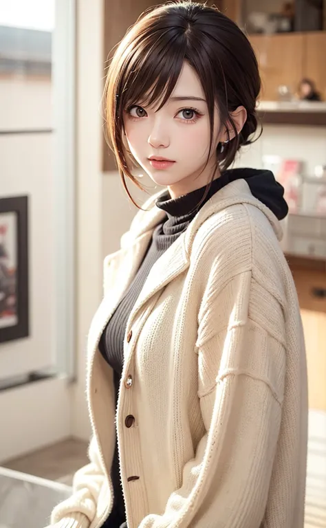 anime girl with short brown hair and blue sweater looking at camera, Realistic Anime 3D Style, cute realistic portrait, Realistic Anime Art Style, smooth anime CG art,  ANIME REALISM STYLE , portrait of an anime girl,  realistic young woman anime character...