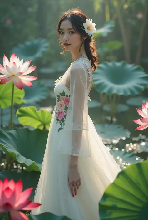 a woman in an elegant, flowing white gown adorned with floral designs. She is standing in a serene environment surrounded by large lotus flowers in various colors, including white and red, along with broad green leaves. The setting resembles a tranquil gar...