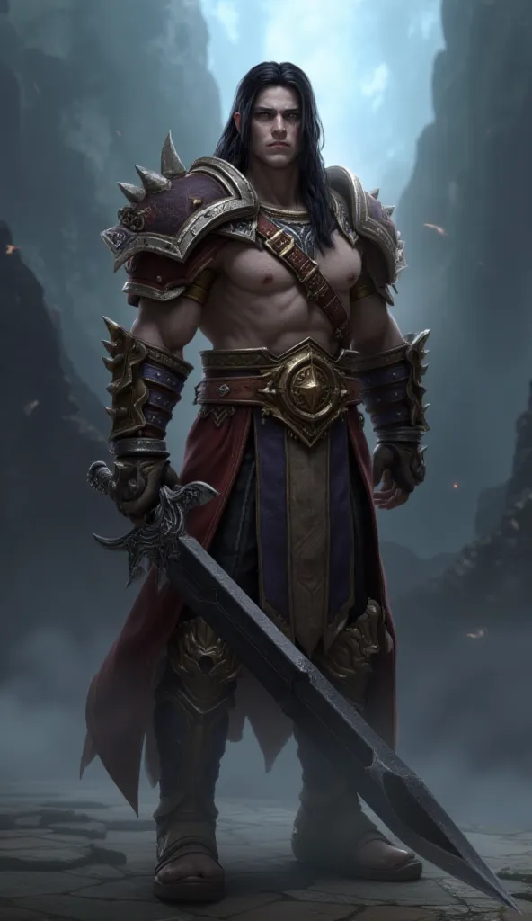 Young human Male with black long hair, full-body view from head to feet, he is a Warrior from the World of Warcraft unverse with a two-handed gratsword, he is a player at level 1 Warrior. Bacground is the Stormwind City.