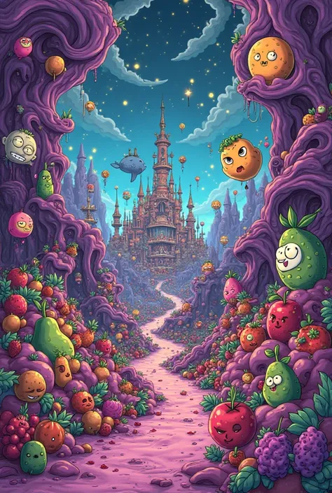 Magic Kingdom of Fruits in Rick and Morthy style cartoon in psychedelic purple and blue colors