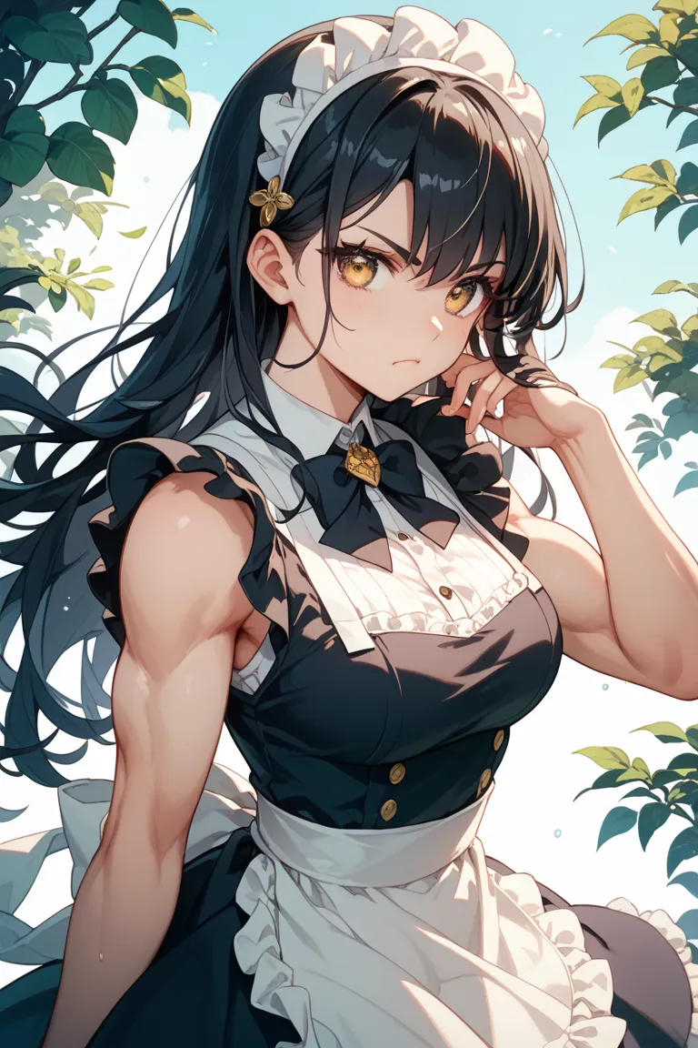 anime style、solo、Pretty Girl、high school girl、 muscular。long black hair and golden eyes（ gold）、There is a clean and calm atmosphere。

Cute and angry scene。
Has a puffy expression。
clothing： sleeveless maid clothes 