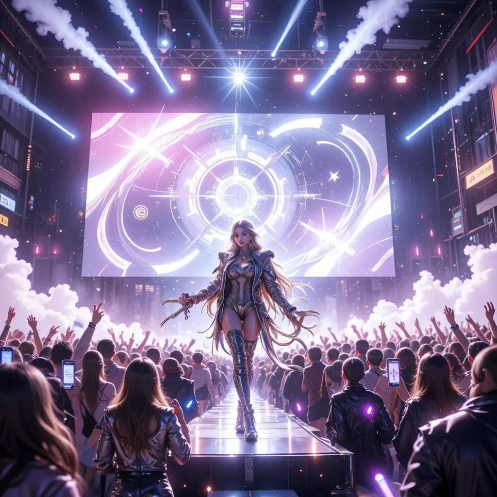 On a spacious and dreamlike concert stage, a stylish main character stands at the center, passionately singing into a microphone. The protagonist is dressed in a dazzling stage outfit, perhaps a metallic jacket, fringe details, or eye-catching accessories,...