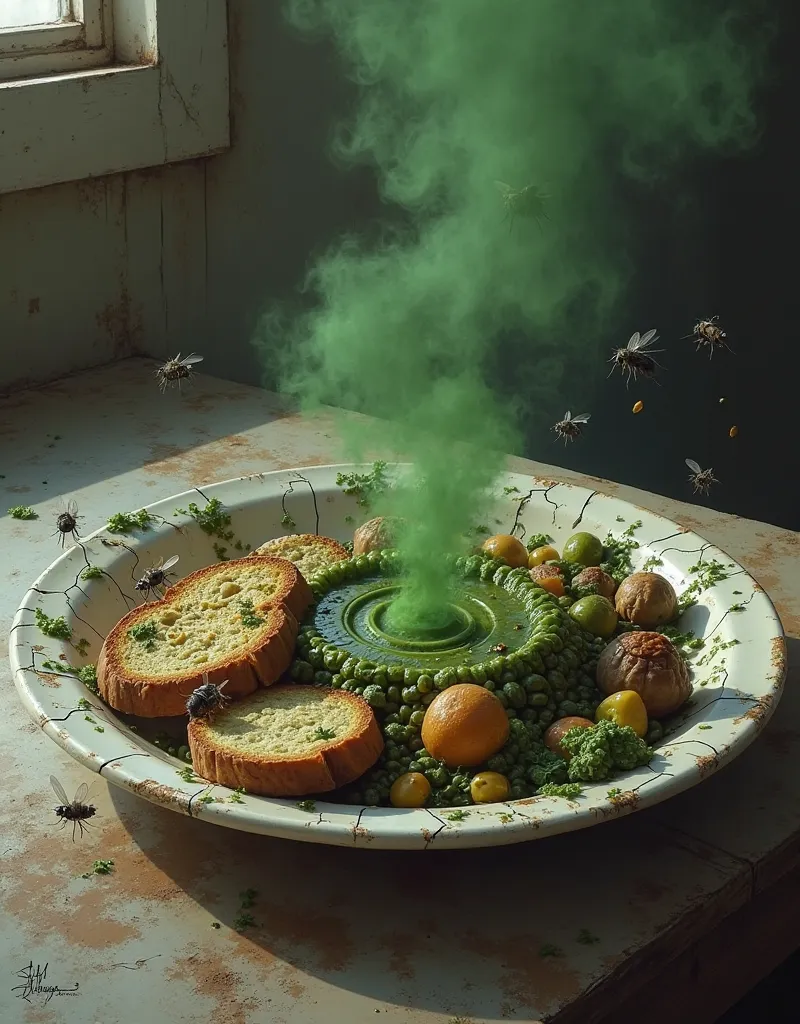 A plate of spoiled food with moldy bread, rotten vegetables, and a foul-smelling soup. Greenish fumes rise from the dish, and there are flies buzzing around. The plate is cracked and sits on a dirty table with stains. The background is dimly lit, giving an...