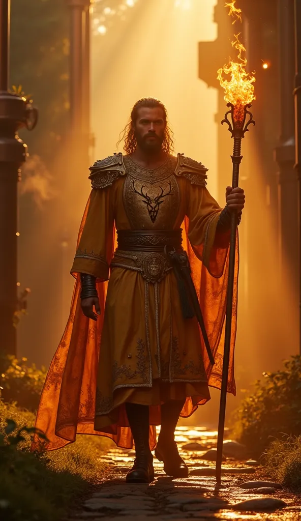 Eryndor, the Keeper of the Amber Flame, stands in a mystical distillery nestled in a Speyside valley, shrouded in golden mist. The air is rich with the scent of oak and citrus, and the warm glow of the Amber Flame illuminates the copper stills, casting fli...