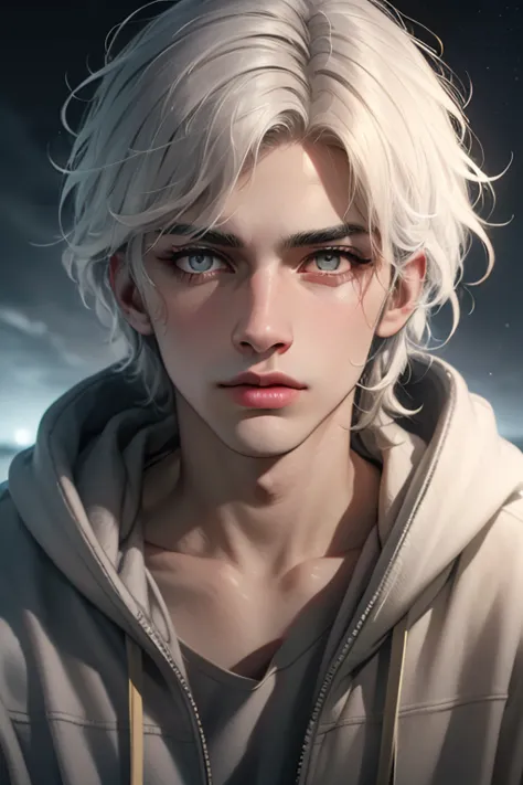 boy, handsome face, grey eyes, white hair, looking at viewer, charming gaze, black hoodie style, night sky background, (eye detail), (face detail), (body detail), (background detail), (masterpiece)