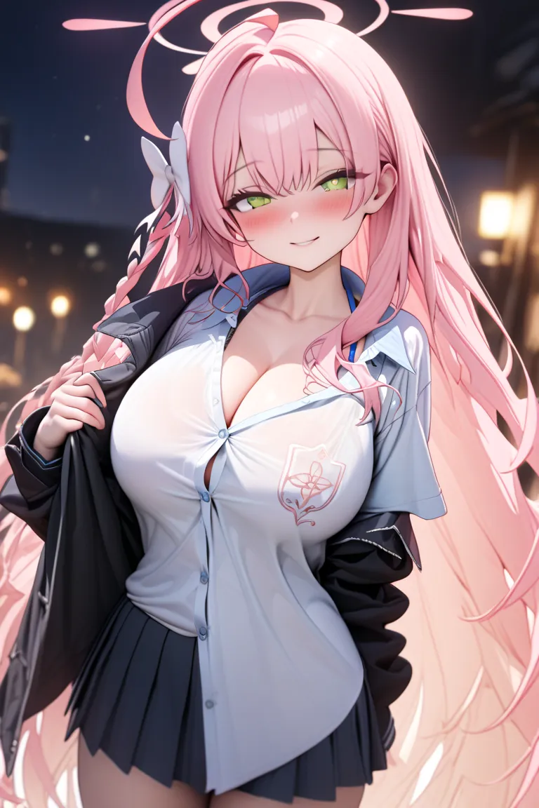 Hanako blue Archive,  pink hair , green eyes,  Button down shirt, low neckline, black plateled skirt, black jacket, black tighs, big breasts, at night , high resolution, Anatomically Correct, Masterpiece, t-shirt, HD model, Detail, quality, High quality, b...