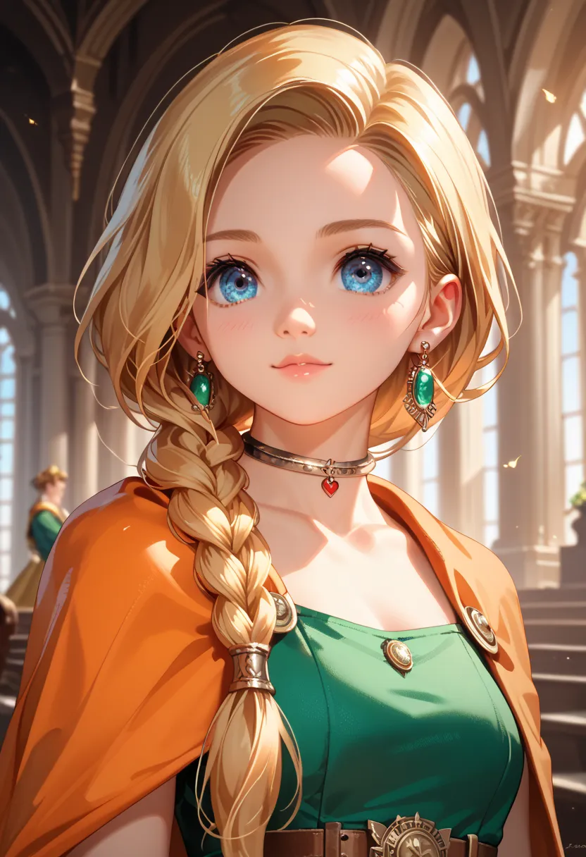 (dqBianca), 1girl, single braid, hair over shoulder,  (detailed cute face:1.2),  wearing green dress, choker, orange cape, earrings, belt, (high quality, masterpiece:1.2), high resolution, intricate details, sharp focus, award-winning, cinematic lighting