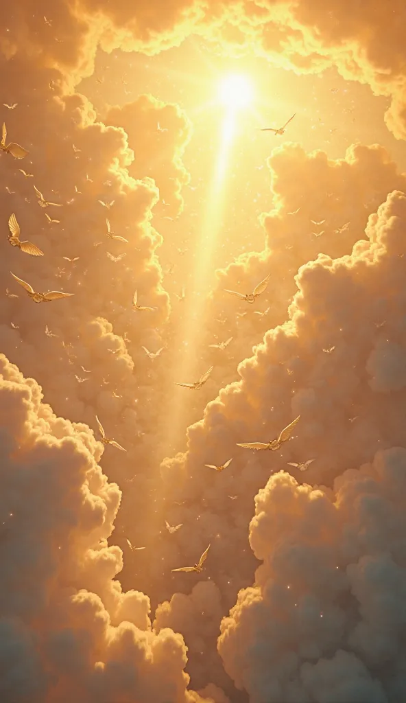  thousands of angels in the sky, clouds bright light,  Sunrise,  golden pollen 