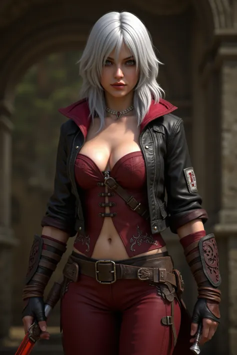 Devil May Cry, Dante female version, Correct anatomy, (location: (oasis:1.27),(shack:0.42)), (epic:1.2), (high quality:1.2), (masterpiece:1.2), high details, incredibly absurd, ultra realistic photography