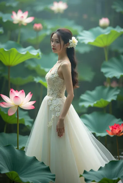 a woman in an elegant, flowing white gown adorned with floral designs. She is standing in a serene environment surrounded by large lotus flowers in various colors, including white and red, along with broad green leaves. The setting resembles a tranquil gar...