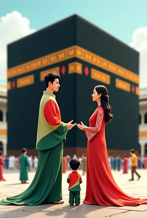 One Bangladeshi man and one Philippines women they love together and praying in kaba sorif with boy in bangdesi flag dress girl in Philippines flsg dress