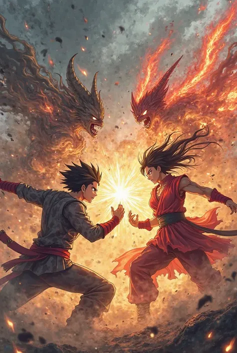 Famous anime characters fight with each other with smoke and fire in the background