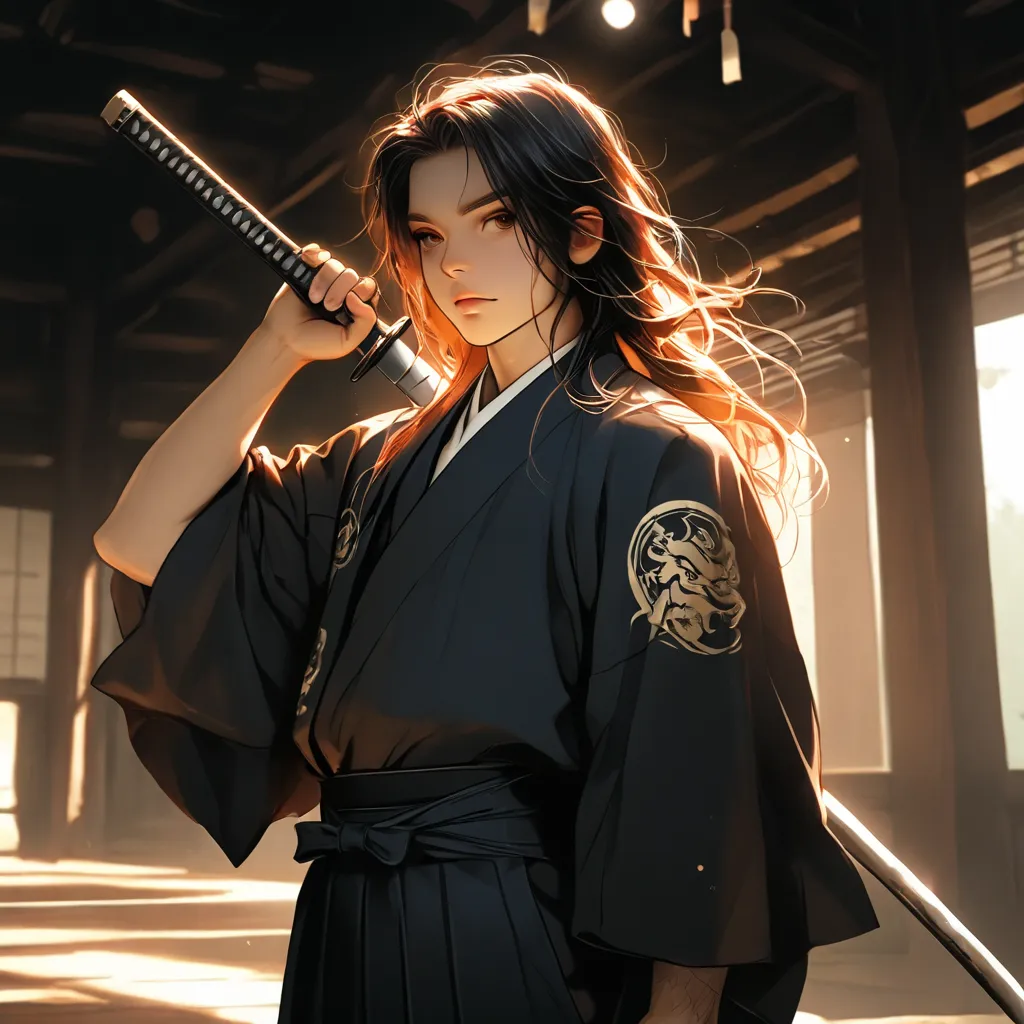 1 boy, solo, long hair, Japanese clothing, black clothing, samurai, wearing hakama, holding weapon, lochia, charming illustration portrait, digital art styledigital art, intricate details, 8K, photo-realistic, professional, masterpiece, ultra-detailed, stu...