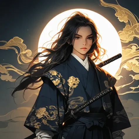 1 boy, solo, long hair, Japanese clothing, black clothing, samurai, wearing hakama, holding weapon, lochia, charming illustration portrait, digital art styledigital art, intricate details, 8K, photo-realistic, professional, masterpiece, ultra-detailed, stu...