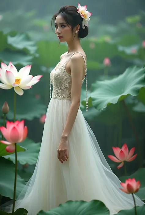 a woman in an elegant, flowing white gown adorned with floral designs. She is standing in a serene environment surrounded by large lotus flowers in various colors, including white and red, along with broad green leaves. The setting resembles a tranquil gar...