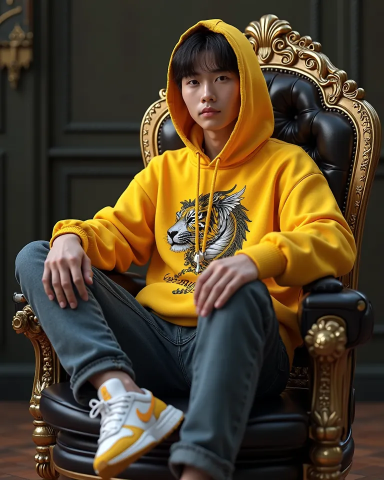 fotho close up Korean guy with yellow hoodie graphic shirt,  sneakers , sitting on a sophisticated steampunk chair. Very bright picture clear and detailed. dark background little light effect fantasy, Mechaa dragon logo and raytracing tiger, artstation, ep...