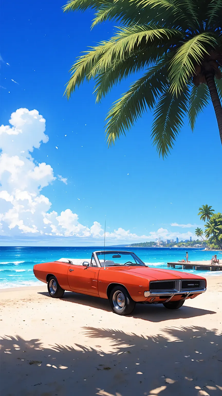 "80's city pop art, (Wind Line), summer daytime view, Miami Beach, , palm tree, particle, The world of the TV drama Miami Vice, 1970 Dodge Charger R/T、Shiny candy red paint and silver chrome wheels
、sea,
pier，・（masterpiece, TOP QUALITY:1.2）(masterpiece, be...