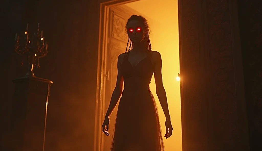 Matilda stands in the doorway, her silhouette barely human. Her eyes burn with an unnatural red glow, her mouth curling into a sinister grin. “You will never leave this place,” she hisses.

The background features soft lighting from unseen sources and warm...