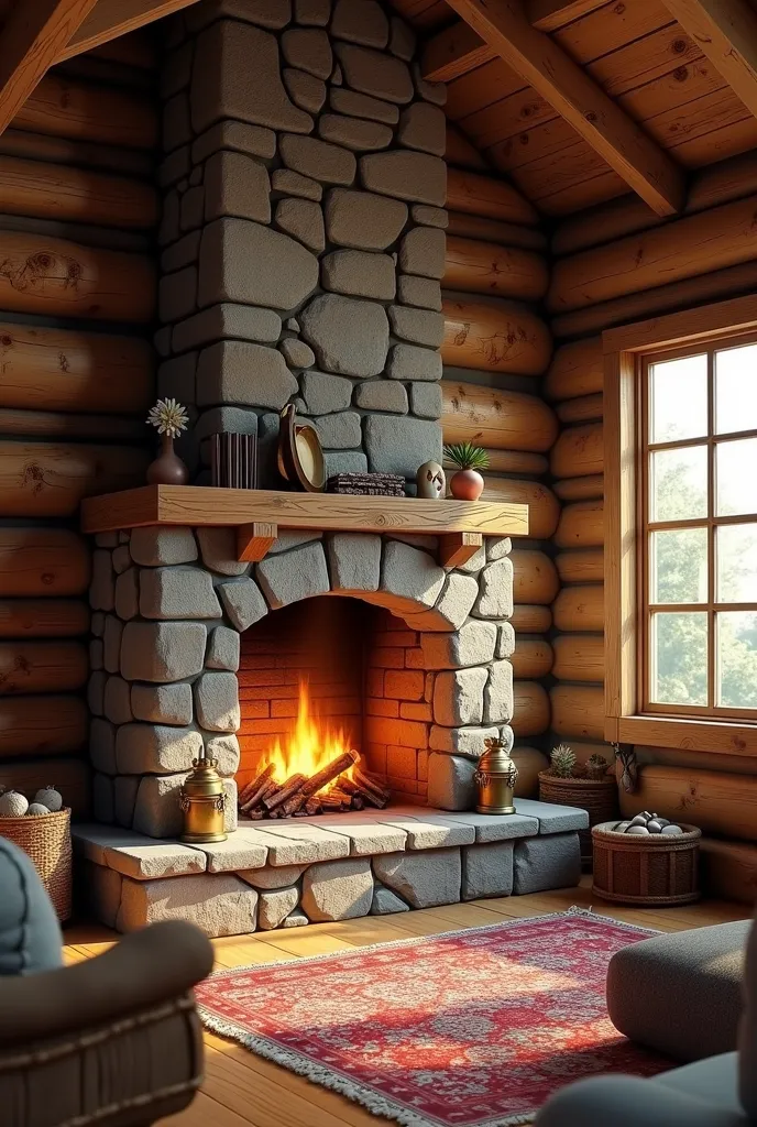 石头fireplace，The background is a log cabin，fireplace