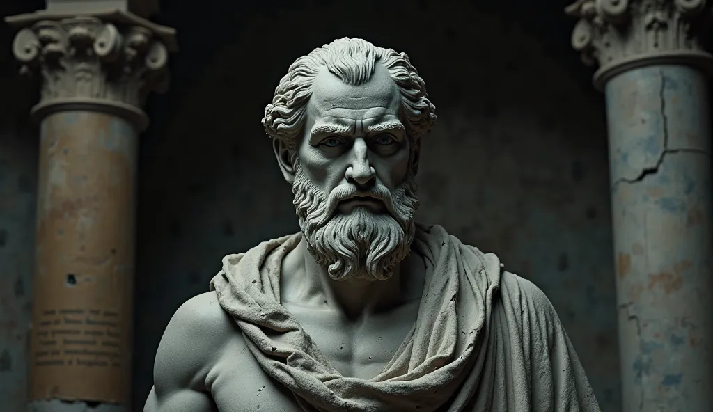 "A cinematic and impactful image representing the dilemma of the search for happiness. The main focus must be a stoic philosopher, a large statue of aged and cracked gray plaster, with a serious and introspective expression, symbolizing the internal strugg...