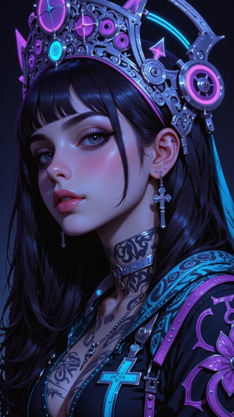 masterpiece，Quality Best，Quality Premium，is very beautiful，absurd， latest，8k，depth of field，Focus Topic， dynamic angle，Dutch angle， Side View ， Side View ， Side View ，Goddess AI Goddess，woman，Resonant face，Holographic Hair，Glowing circular tattoo，Neon-like...