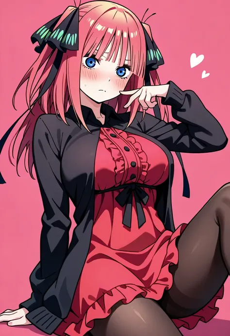 1girl, large breasts, blush, red frill dress, pantyhose, Nakano Nino