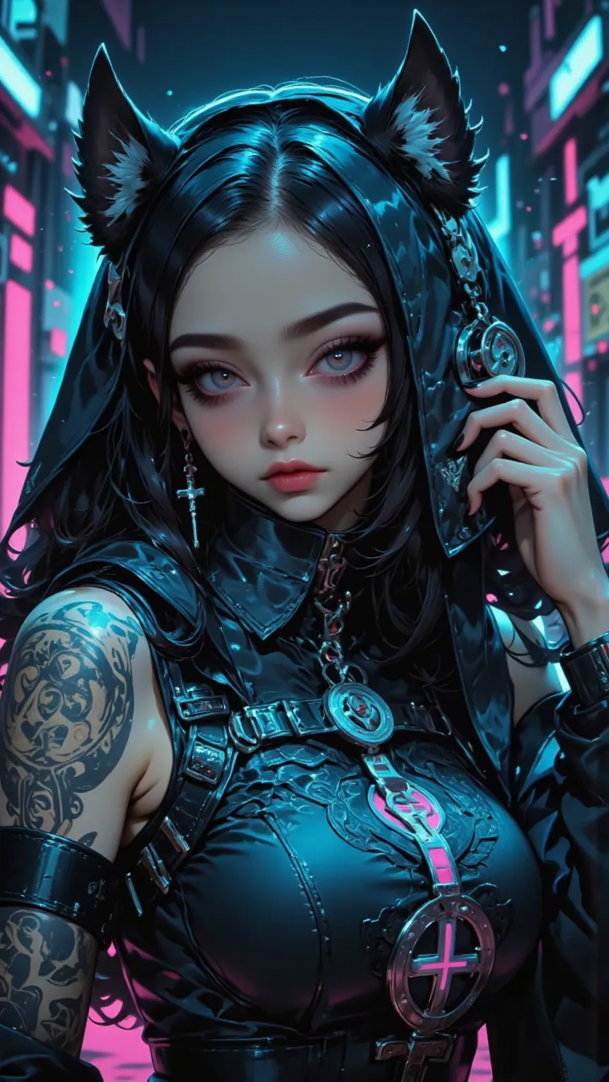 masterpiece，Quality Best，Quality Premium，is very beautiful，absurd， latest，8k，depth of field，Focus Topic， dynamic angle，Dutch angle， Side View ， Side View ， Side View ，Goddess AI Goddess，woman，Resonant Face，Holographic Hair，Glowing Circular Tattoo，Neon-like...