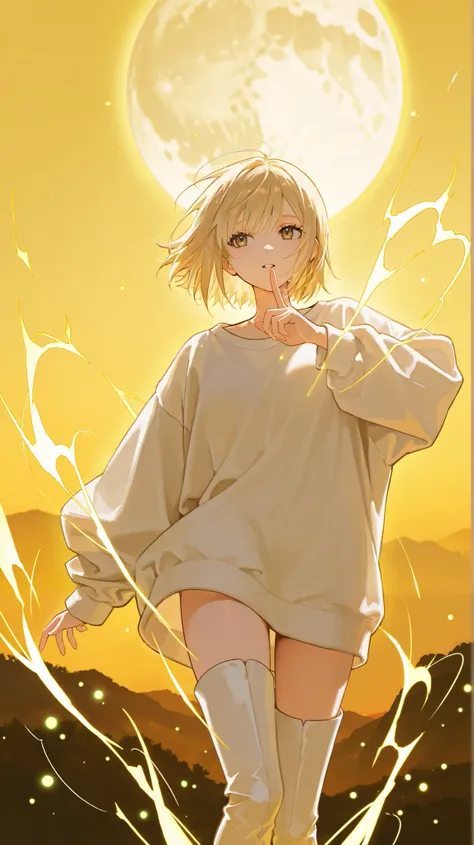 1girl, blonde, light gold shortened hair flutters in the wind, dark brownish-reddish eyes, dark brown eyes with red tint, A girl in a white oversized sweatshirt and white long thigh boots,  thigh length boots , reaches out one hand to the sky, the second h...