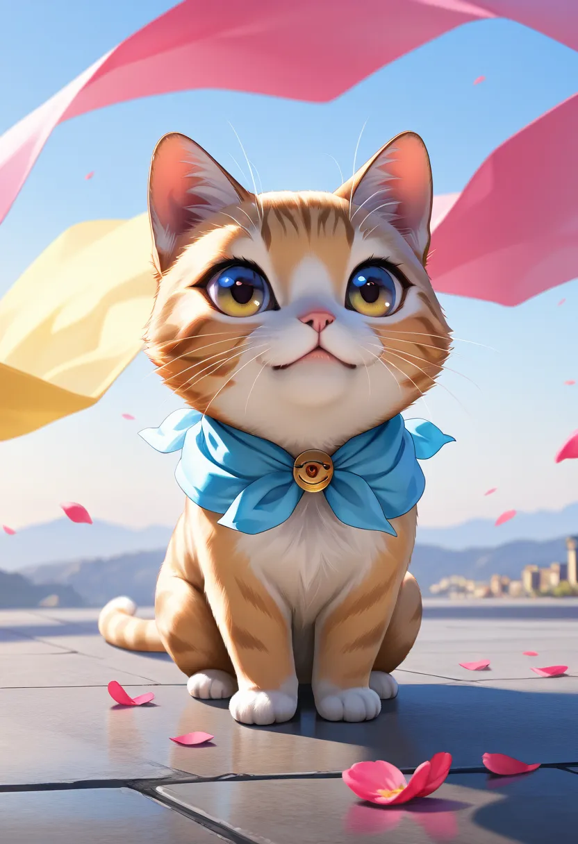  Masterpiece, (highest quality, create a high resolution,4K, 8k),(realistic, Photorealistic: 1.5),((((Waiting for Someone))))、,deformed character, chibi style, anime style,  fantasy、in town、There is a cute cat girl、waiting for someone、Seven colored petals ...