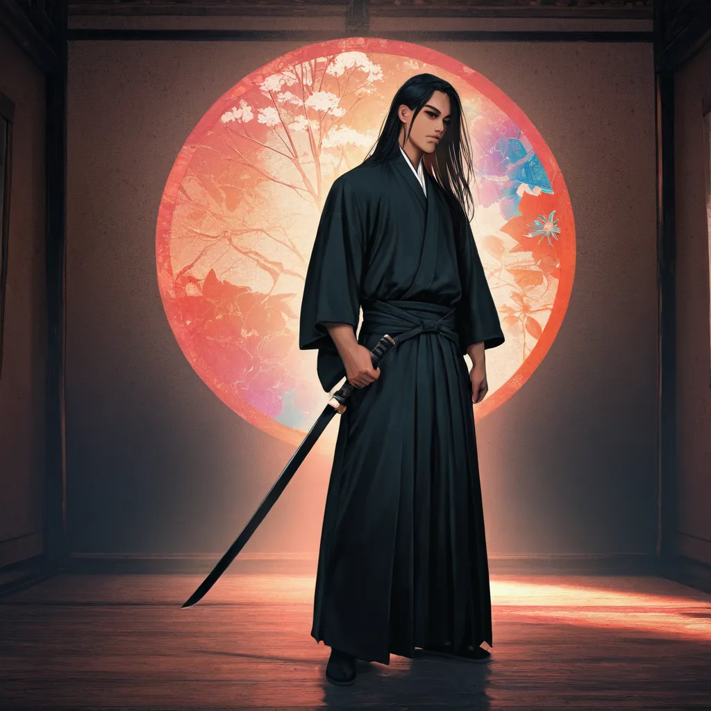 1 boy, solo, long hair, Japanese clothing, black clothing, samurai, wearing hakama, holding weapon, charming illustration portrait, digital art styledigital art, intricate details, 8K, photo-realistic, professional, masterpiece, ultra-detailed, studio ligh...