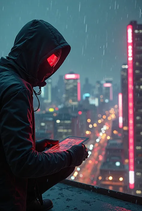 Opening Scene: The Target Acquired
Visual: A futuristic city skyline at night, neon lights reflecting off rain-slick streets. A masked figure (KIRA, a rogue cyber-assassin) crouches on a rooftop, scanning a high-tech facility below.

Camera Move: Slow zoom...