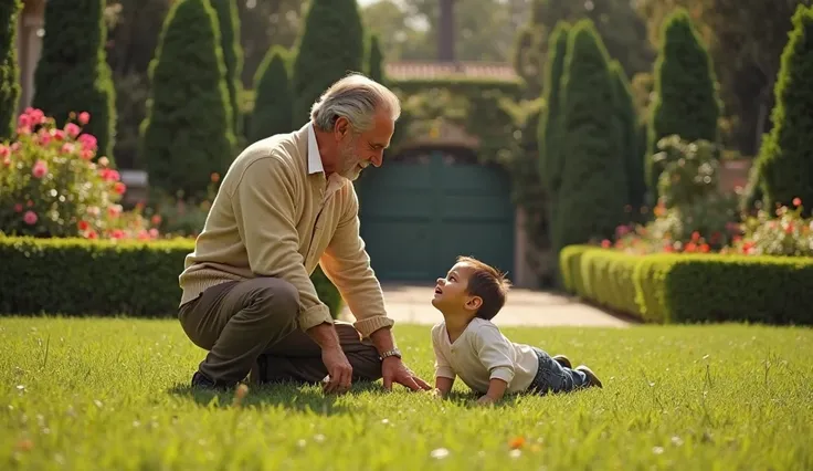 Create a poignant and cinematic image of Vito Corleone in the garden of his family estate, transitioning from a moment of warmth to sudden tragedy. The scene begins with Vito kneeling on the lush green grass, playing gently with his young grandson. He wear...