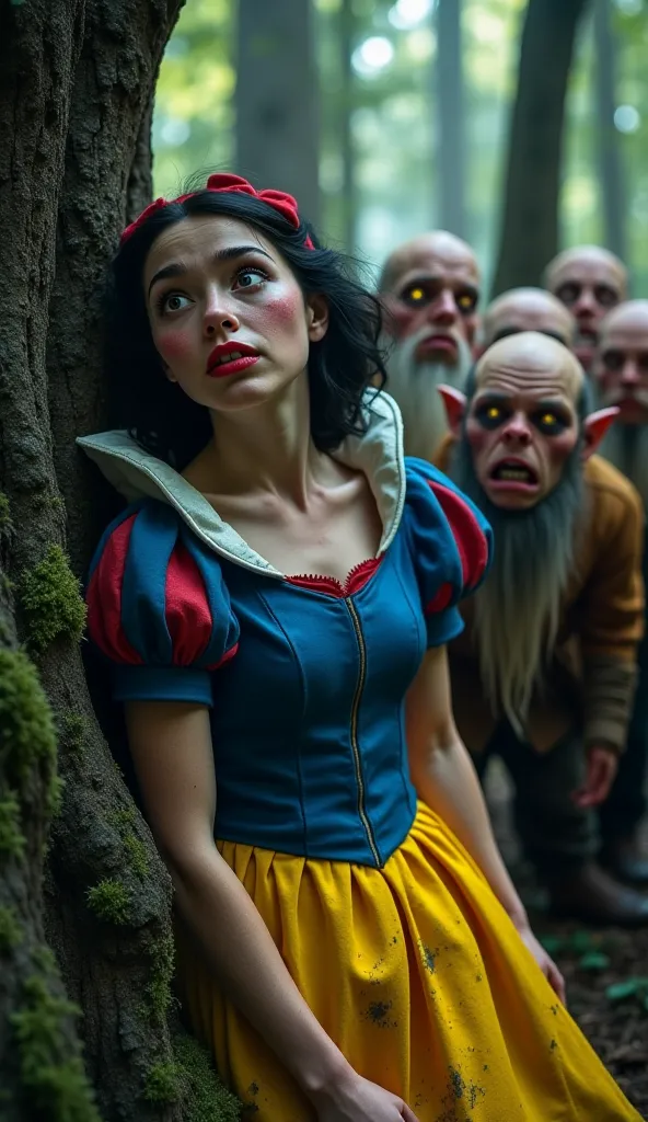 A hyper-realistic, cinematic 4K scene depicting a dark reimagining of Snow White. She is in a dense, eerie forest, leaning against a twisted, moss-covered tree with a terrified expression. Her wide eyes reflect fear, and her red lips tremble slightly. Her ...