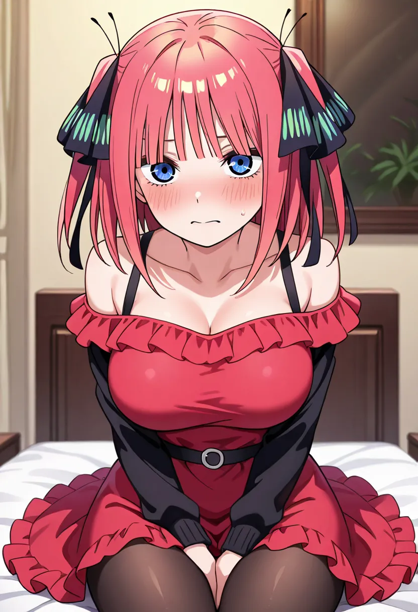 1girl, large breasts, blush, red frill dress, pantyhose, Nakano Nino