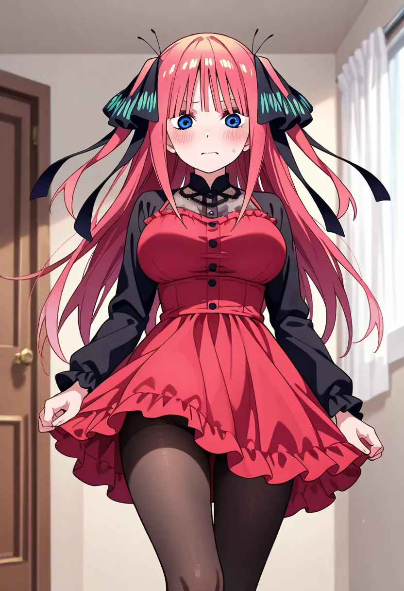 1girl, large breasts, blush, red frill dress, pantyhose, Nakano Nino