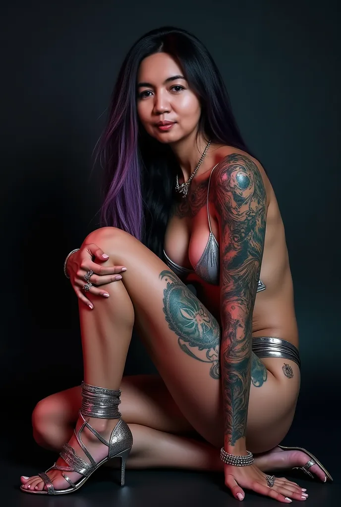 ((Masterpiece, High Quality, 8K, UHD, Hyper Realistic, Sharp Focus)). Full body portrait of a sensual muscular Malay woman with nude body, full entire neon colourfull tattoo on her whole body, full entire colourfull tattoo on her whole breasts, Beautiful d...