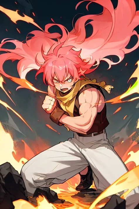 "A powerful anime-style fire mage with spiky pink hair, wearing a black and gold-trimmed vest, white pants, and a white-scaled scarf. He is in his iconic powering-up pose, slightly crouched with one fist clenched and engulfed in roaring flames while the ot...