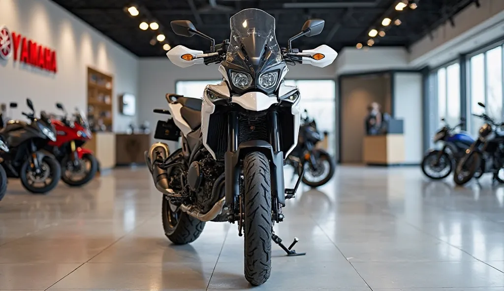 Picture of ( WHITE )IN COLOR ( 2025 Yamaha Tenere 700 ) motorcycle in a luxury showroom. The motorcycle is parked as ( FRONT ) in the showroom with the tires on the stand. The background is clean and modern, with a few other motorcycles and a wall with the...