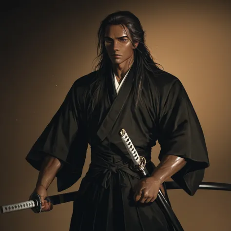 1 boy, solo, long hair, Japanese clothing, black clothing, samurai, wearing hakama, holding weapon, charming illustration portrait, digital art styledigital art, intricate details, 8K, photo-realistic, professional, masterpiece, ultra-detailed, studio ligh...