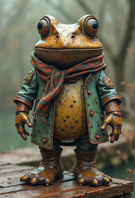 A hyper-realistic, ultra-high-definition 4K render of a bizarre yet charming creature, a vintage frog made entirely of old, corroded metal. Its body is primarily metal, with a heavily oxidized texture, showcasing deep rust, scratches, and patches of corros...